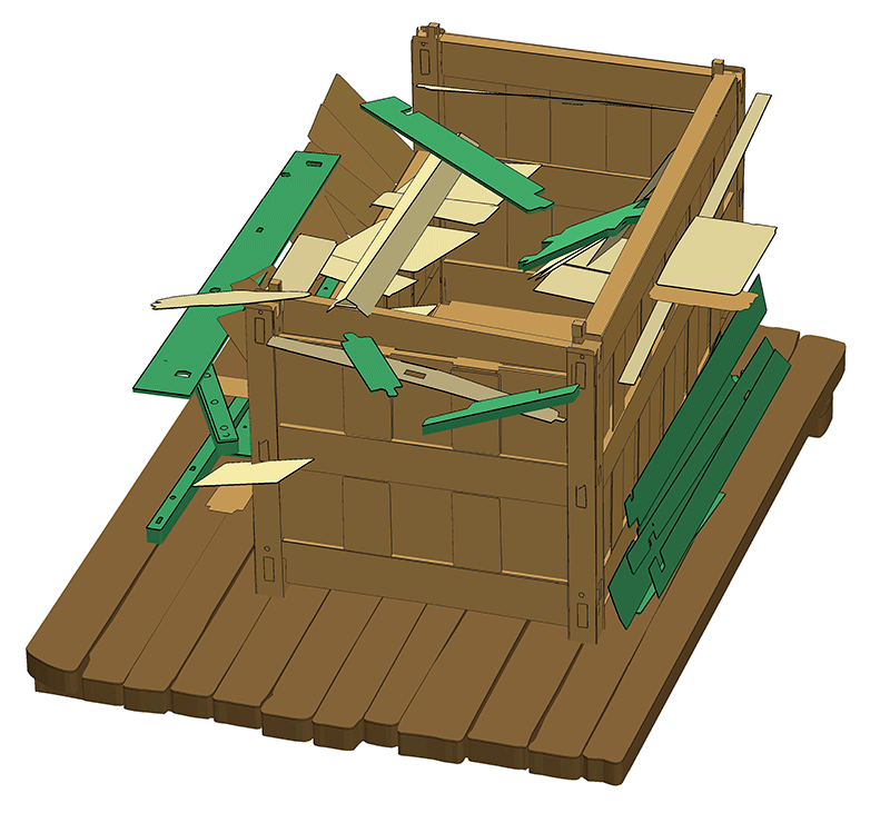 Abb. 3: 3D-Modell des Grabes von Poprad-Matejovce mit dem Boden der äußeren sowie Wänden und Dach der inneren Grabkammer und den Bestandteilen der Totenbahre (grün) (GIS/ArcScene K. Göbel; Darstellung und Grafik N. Lau, beide ZBSA).