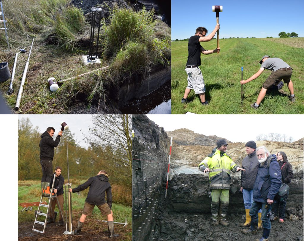 Out in the field. Photos of some of the field work 2017. Top left: Coring equipment (modified Livingston piston corer i.e. “Usinger Bohrer”) in Lieth Moor area, please note the already re-filling test trench in the lower right corner (photo: S. Krüger). Top right: Tobias Burau and Sascha Krüger testing for organic sediments with a Pürckhauer corer at Dätgen (photo: S. B. Grimm). Lower right: Morten Fischer Mortensen explaining the Tyrsted kettlehole profile to visiting colleagues from Schleswig (photo: S. B. Grimm). Lower left: Tobias Burau, Jan Weber, and Sascha Krüger coring in the Rönne valley near Lake Itzstedt with an “Usinger Bohrer” (photo: S. B. Grimm).