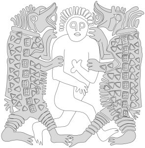 Bestie(n) und Mensch? Verzierte Scheibe (Phalera) aus einem Grab der Merowingerzeit in Eschwege, Niederhone (Zeichnung L.F. Thomsen, nach einer Vorlage).   